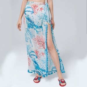 WHBM sarong pareo in jellyfish print in coral & scuba blue. Tie waist. OS